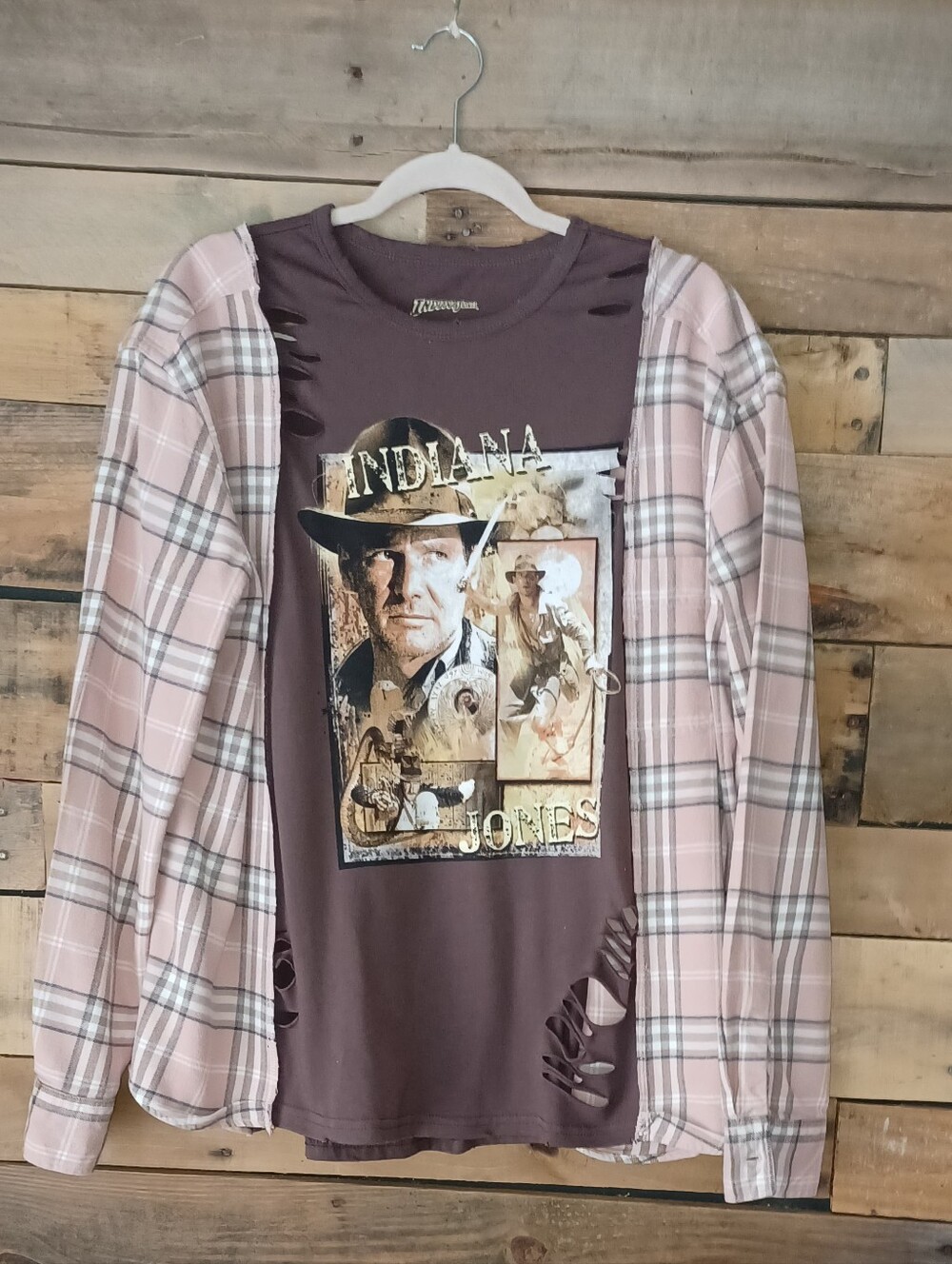 Upcycled Brown Graphic Tee with Pink Plaid Sleeves